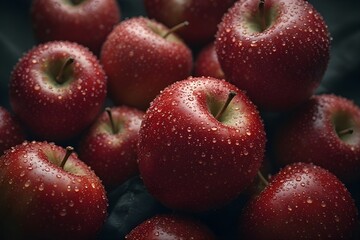 dramatic close-up of several red apples being splashed by rainwater