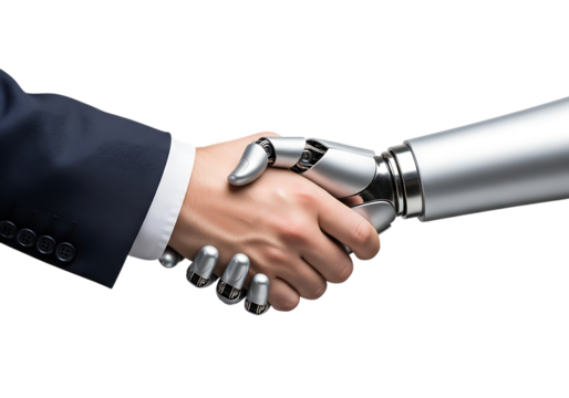 Human hand in suit shaking robotic arm with metallic fingers isolated on a transparent background handshake