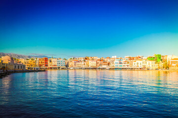 Naklejka premium waterfront of Chania bay at sunny day, Crete island, Greece