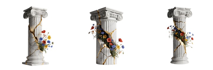 A Set For Column with kintsugi repair and blooming flowers isolated on transparent background