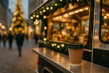 Warm coffee cup on a holiday market stall with festive lights in the background