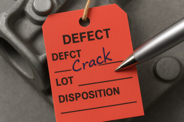 Defect tag with crack defect written on it attached to metal part representing quality control in manufacturing industry