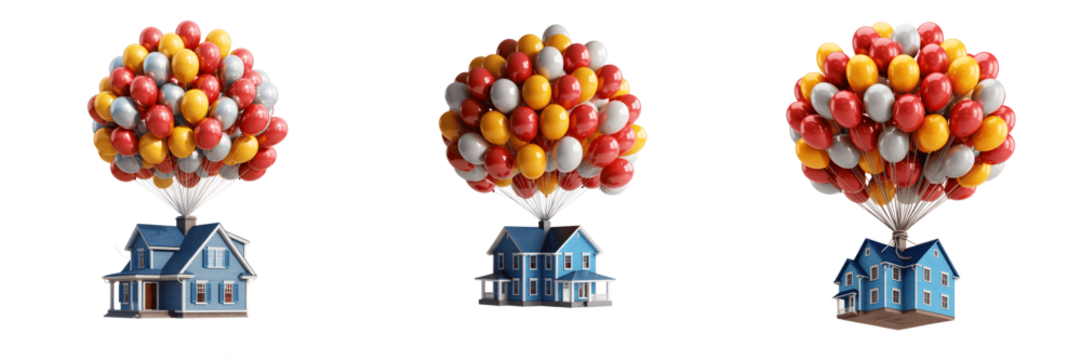 A Set For Flying house with colorful balloons isolated on transparent background - Powered by Adobe