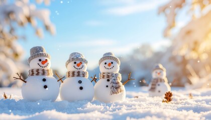 Playful snowman trio celebrating winter wonderland in a snowy landscape captured in a bright outdoor scene with cheerful atmosphere and magical vibes