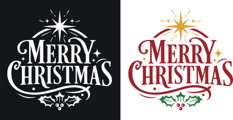 Merry Christmas Lettering Design with Holly and Star
