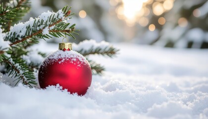 Festive christmas ornament on fresh snow winter wonderland photography outdoor close-up holiday spirit