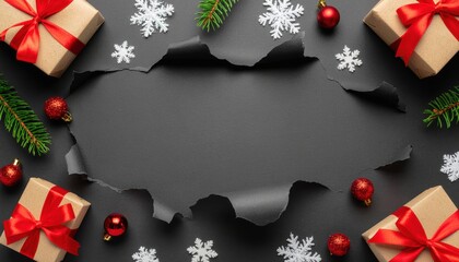 Festive gift unwrapping event with christmas decorations cozy indoor setting creative content display overhead view holiday spirit concept