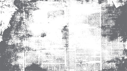 Obraz premium Grungy distressed vintage newspaper texture with faded text and ink splatters in shades of grey and white