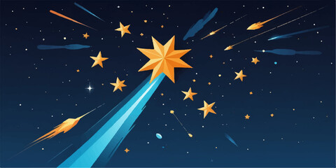 Space rocket illustration flying through a seamless night sky pattern with bright stars and a blue moon