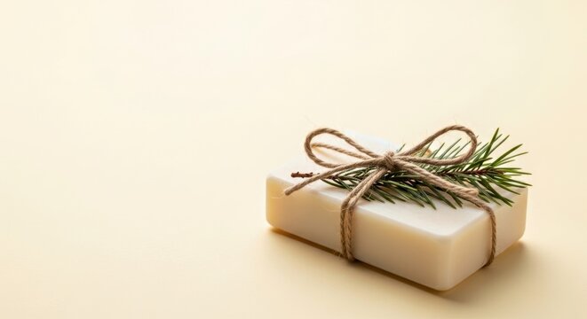 This handmade soap gift, wrapped in natural twine and featuring a sprig of pine needles on a soft pastel background, creates a warm and cozy atmosphere for the seasonal holidays.