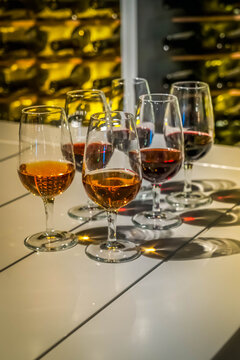 port wine testing, glasses with drink - white and red