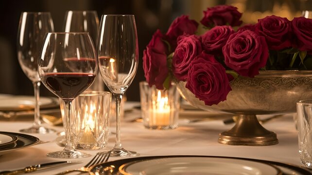 Elegant dining table with wine glasses and red roses, evoking a sense of romance and luxury.