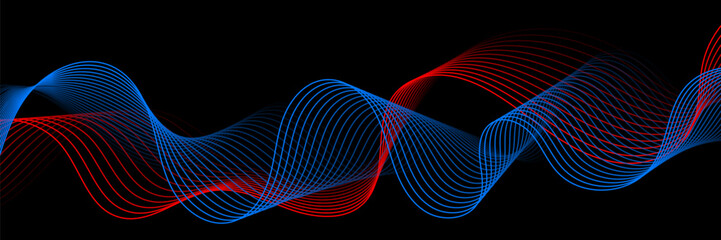 Abstract Red and Blue Wave Lines on Black Background. Wallpaper. Vector Illustration
