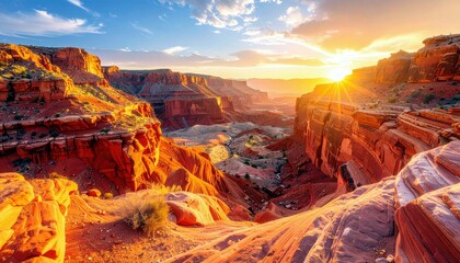 A breathtaking sunrise casts a warm golden glow over a vast, rugged canyon landscape with layered red rock formations and a clear blue sky.
