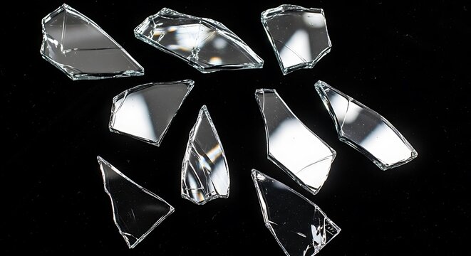 Sharp jagged fragments of broken clear glass scattered on a dark black background