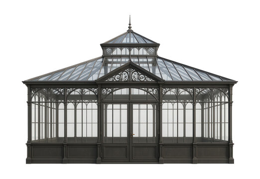 A classic Victorian conservatory with detailed ironwork, ideal for a traditional garden.