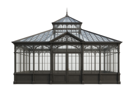 A classic Victorian conservatory with detailed ironwork, ideal for a traditional garden.