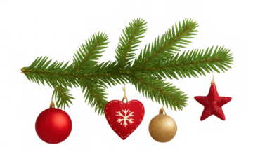 Christmas tree branch decorating with red heart, star, and gold, red baubles, celebrating festive winter holidays