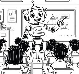 Happy robot teacher pointing at geometric shapes on a whiteboard, engaging a diverse group of elementary students in a modern classroom.
