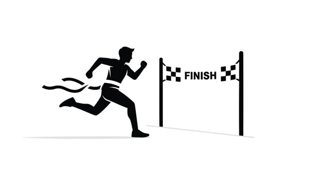 Silhouette of a determined runner breaking through the finish line tape in a race