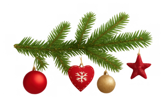 Christmas tree branch decorating with red heart, star, and gold, red baubles, celebrating festive winter holidays