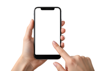 Human hands holding and touching a modern smartphone with a blank white screen isolated on a transparent background