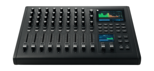 A home music studio mixing console with multiple channels and a digital interface for
