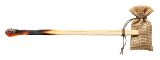 Crafting with fire unique wooden stick and pouch still life isolated on transparent background