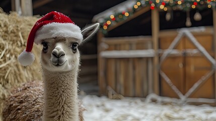 Obraz premium Baby llama wearing a Santa hat, standing by a decorated barn .