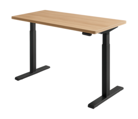 A height-adjustable minimalist standing desk for ergonomic use in shared workspaces.