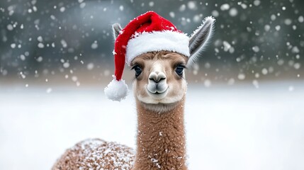 Obraz premium Baby llama wearing a Santa hat, standing in a snowy pasture .