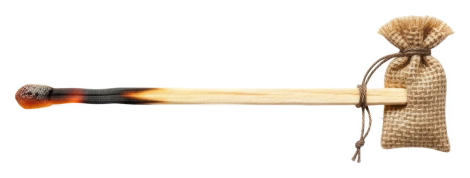 Crafting with fire unique wooden stick and pouch still life isolated on transparent background
