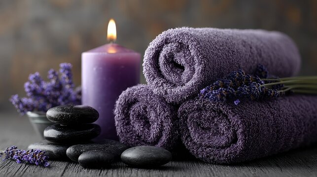 Purple rolled towels with candles and black stones for spa treatment on dark surface