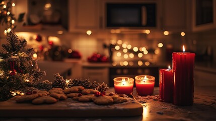 Christmas baking scene, cookies, candles, cozy kitchen atmosphere .