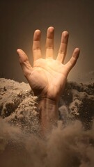 A dramatic and cinematic close up of a human hand emerging from swirling sand