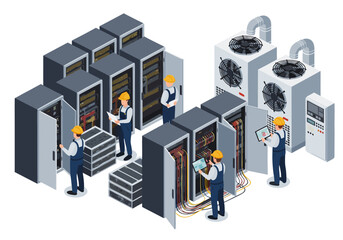 Isometric Illustration of Engineers Maintaining Servers in a Data Center for IT Infrastructure