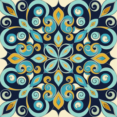 Fototapeta premium Decorative Ornament with Swirls Ornamental Vector Design in Blue and Gold
