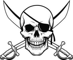 Pirate skull vector illustration with crossed swords and eye patch art eps silhouette