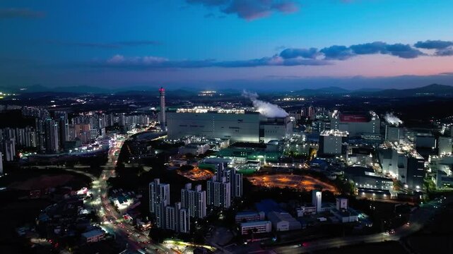 Aerial View of Icheon, Hynix Semiconductor Factory, night
