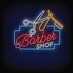 barber shop neon signboard with brick wall background vector