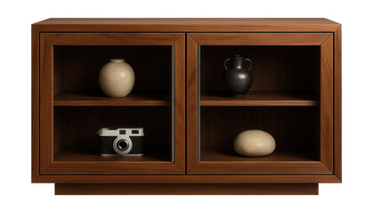 Compact credenza with glass doors, perfect for showcasing collectibles in a hallway.