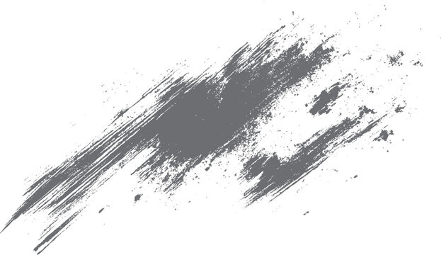 Textured grey brush stroke with scattered dots and splatters on a white background abstract graphic element