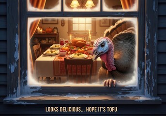 Thanksgiving turkey looks longingly at a festive dinner table through a window
