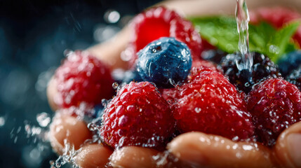 Fresh mixed berries being rinsed in cupped hands, with splashing water and vibrant colors captured in a vivid close-up
