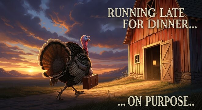 Thanksgiving Turkey Runs Late for Dinner with Suitcase, Humorous Illustration