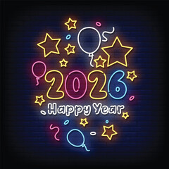 2026 new year neon signboard with brick wall background vector