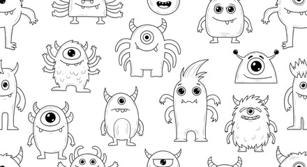 Cute and quirky hand-drawn monster seamless pattern. Playful black and white cartoon creatures perfect for kids' crafts, textiles, and creative designs