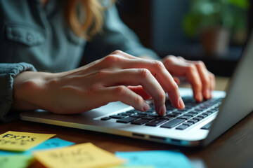 Exhausted hands typing. Burnout detail shot. Overworked employee hands. Workplace stress close-up.