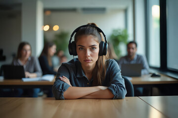 Isolated worker with headphones. Workplace loneliness. Emotional office disconnection. Introverted employee moment.