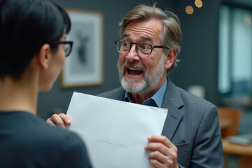 Shocking layoff moment. Employee receiving envelope. Emotional job termination. Workplace tension scene.